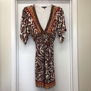SKY BRAND Silk Print V Neck Leather Studded Dress EUC